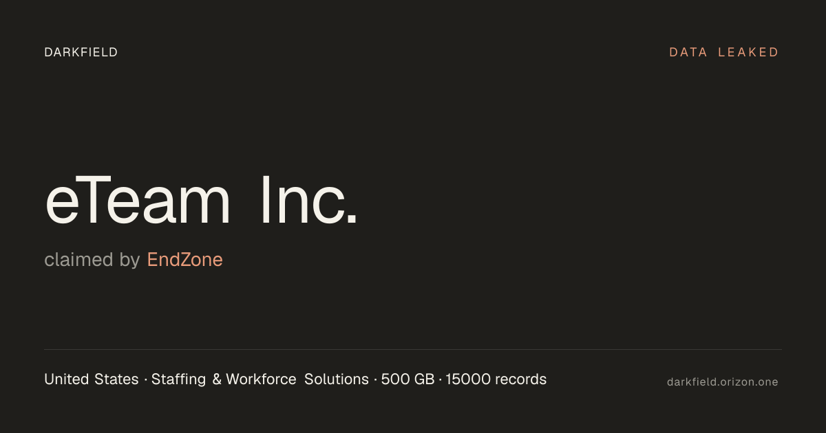 eTeam Inc. data breach — EndZone ransomware leak (2026) · Darkfield